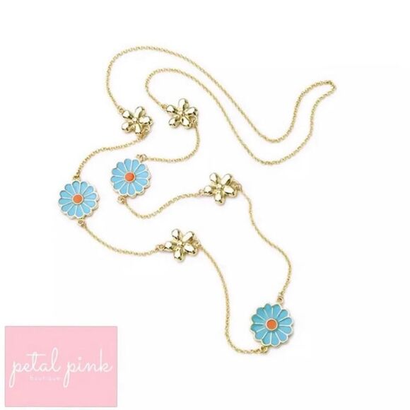 FABULOUS High-End Long Enamel Flower Necklace Blue Gold - Picture 5 of 7